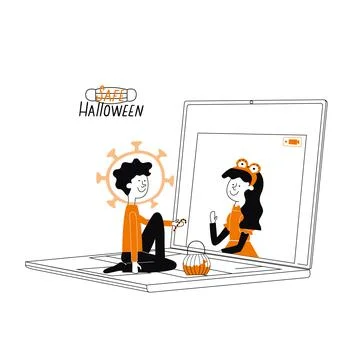 Save Halloween vector illustration concept. Online party in pandemic period. Boy Stock Illustration
