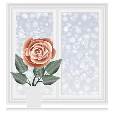 Save heat postcard, closed window with snowflakes background Stock Illustration