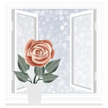 Save heat postcard, open window with snowflakes background Stock Illustration