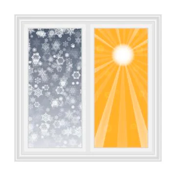 Save heat postcard, open window with snowflakes and sun backgrou Stock Illustration