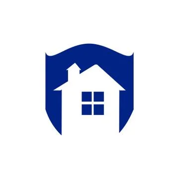 Save home logo - house with window and chimney on the roof and shield symbol. Stock Illustration