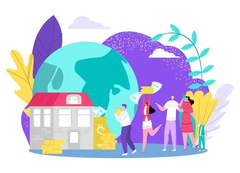 Save money concept, vector illustration. House investment, man woman people Stock Illustration