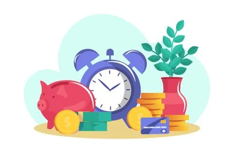 Save money, stack of gold coin, piggy bank, credit and debit card, isolated on Illustrazione stock