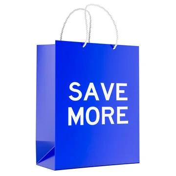 Save More, blue shopping bag. 3D rendering Stock Illustration