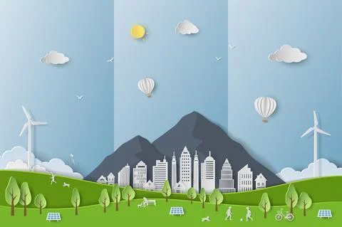 Save nature and environment conservation concept with eco city on paper art b Stock Illustration