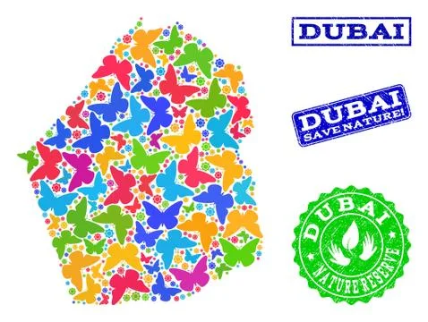 Save Nature Collage of Map of Dubai Emirate with Butterflies and Scratched Stock Illustration