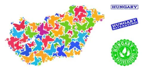 Save Nature Collage of Map of Hungary with Butterflies and Scratched Watermarks Stock Illustration