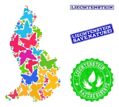 Save Nature Collage of Map of Liechtenstein with Butterflies and Grunge Stock Illustration