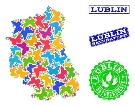 Save Nature Collage of Map of Lublin Province with Butterflies and Textured Stock-Illustration