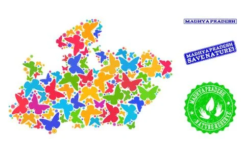 Save Nature Collage of Map of Madhya Pradesh State with Butterflies and Rubber Stock Illustration