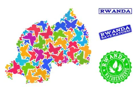 Save Nature Collage of Map of Rwanda with Butterflies and Scratched Stamps 스톡 일러스트