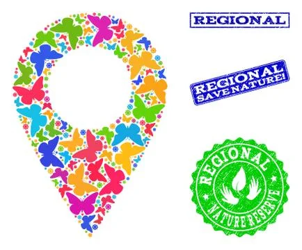 Save Nature Composition of Local Map Marker with Butterflies and Grunge Stamps Ilustración de archivo