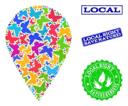 Save Nature Composition of Local Place with Butterflies and Rubber Stamps Ilustração Stock