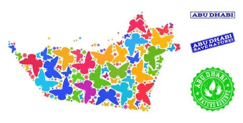 Save Nature Composition of Map of Abu Dhabi Emirate with Butterflies and Grunge Stock Illustration