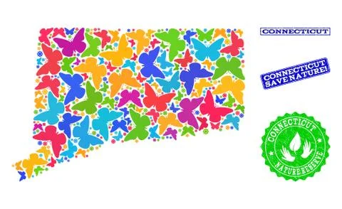 Save Nature Composition of Map of Connecticut State with Butterflies and 스톡 일러스트