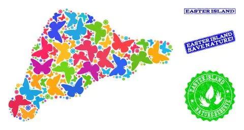Save Nature Composition of Map of Easter Island with Butterflies and Rubber Stock Illustration