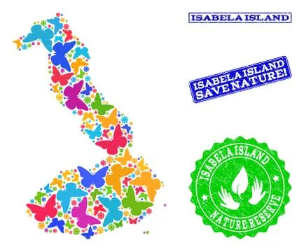 Save Nature Composition of Map of Galapagos - Isabela Island with Butterflies Stock Illustration