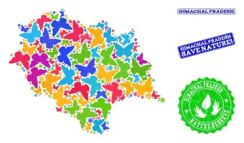 Save Nature Composition of Map of Himachal Pradesh State with Butterflies and Illustrazione stock