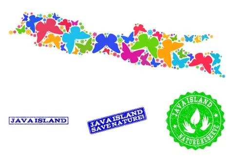 Save Nature Composition of Map of Java Island with Butterflies and Rubber Stock-Illustration