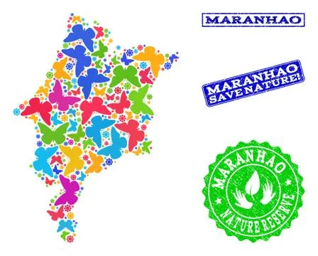 Save Nature Composition of Map of Maranhao State with Butterflies and Rubber Иллюстрация