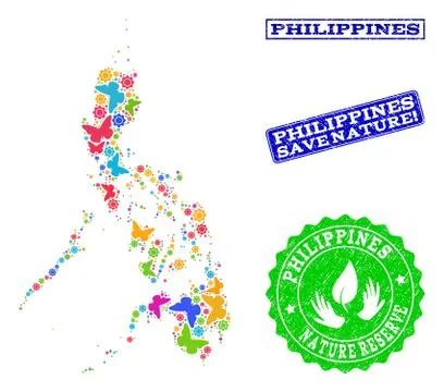 Save Nature Composition of Map of Philippines with Butterflies and Rubber Stock Illustration