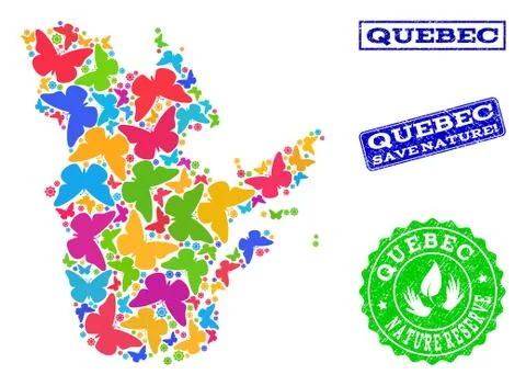 Save Nature Composition of Map of Quebec Province with Butterflies and Rubber Stock Illustration