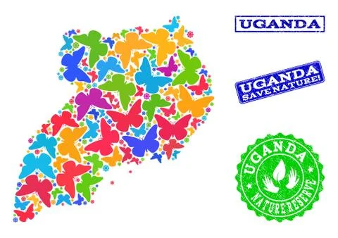 Save Nature Composition of Map of Uganda with Butterflies and Distress Seals Stock Illustration