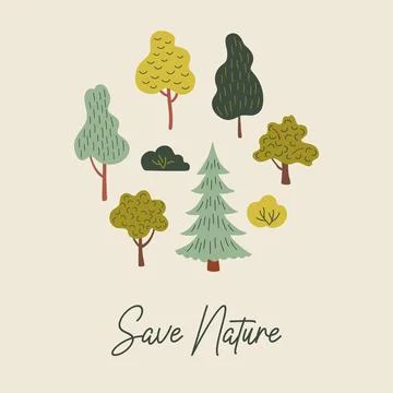 Save nature. Cute composition with green trees. Stock Illustration