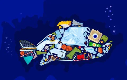 Save the ocean. Different waste polluting sea and beach. Stock Illustration