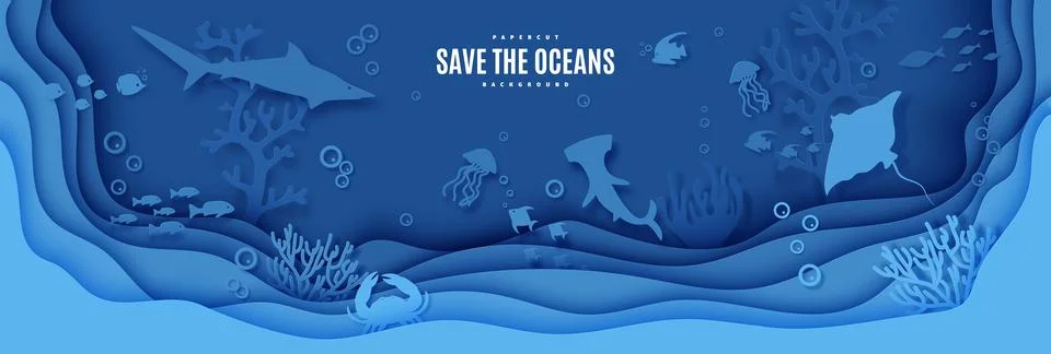 Save the ocean environment papercut background. Layered underwater scene with Stock Illustration