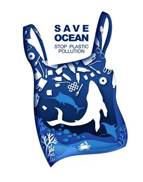Save ocean. Stop plastic pollution. Vector illustration in paper art style Stock Illustration