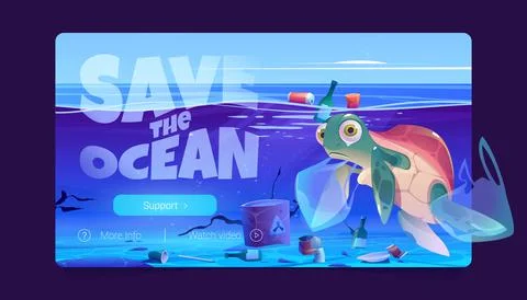 Save ocean website with turtle and trash in water Stock Illustration