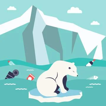 Save oceans concept. Illustration with cute polar bear. Stock Illustration