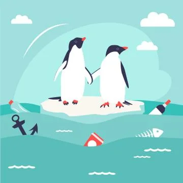 Save oceans concept. Illustration with cute penguins. Stock Illustration