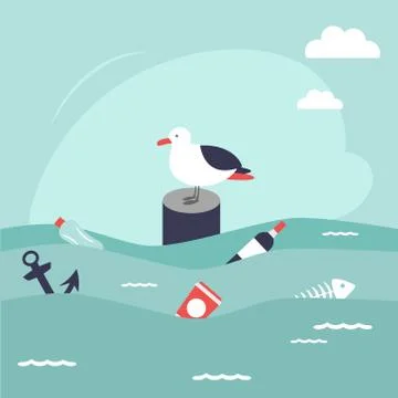 Save oceans concept. Illustration with cute seagull. Stock Illustration