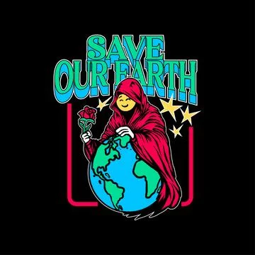 Save our earth. grim reaper with smiling face and holding rose. Stock Illustration