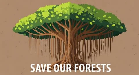 Save our forests concept with large banyan tree and hanging roots, environm.. Stock Illustration