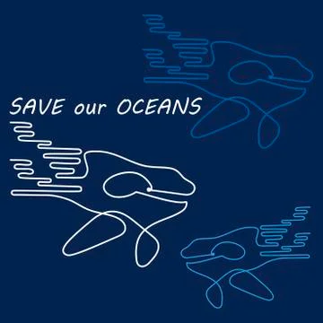 Save our oceans. Continuous line drawing of whales. Hand drawn Vector illustr Stock Illustration