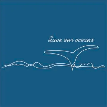 Save our oceans.. Continuous line drawing of the waves and the whale's tail Stock Illustration