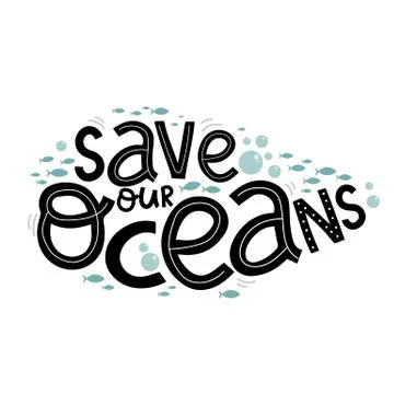 Save our oceans, creative letterin and cute blue whale, vector illustration Stock Illustration