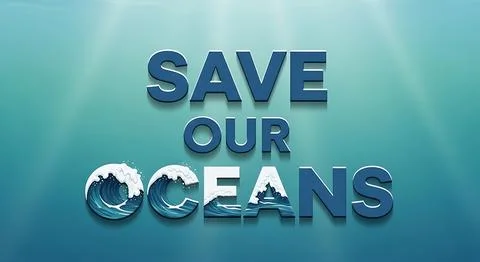 Save our oceans message on blue background with sunlight, ocean conservatio.. Stock Illustration