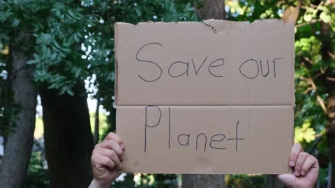 Save our planet banner demonstration young protestor environment nature green Stock Footage 163236157