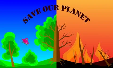 Save our planet. Fires on a green planet, ecology, climate change. Stock Illustration