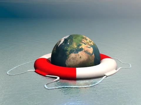 Save the planet - Concept image with earth floating on a buoy in the ocean - 3D Stock Illustration