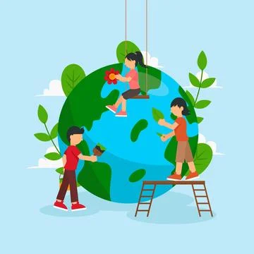 Save the planet concept with people taking care of earth Stock Illustration