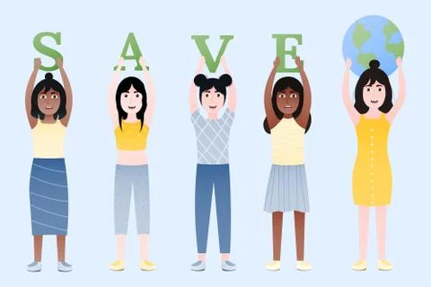 Save planet concept for social poster, diversity group of kids carrying letters Stock Illustration