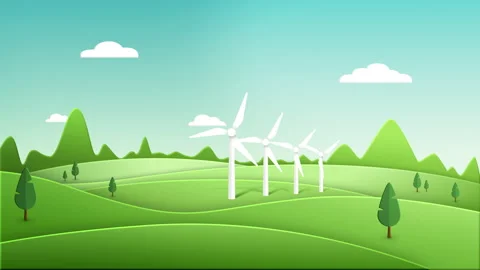 Save the planet. cycle animation of a clean green energy wind turbines Video stock 141630349