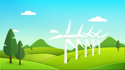 Save the planet. cycle animation of a clean green energy wind turbines Video stock 141630466