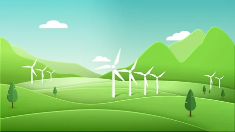 Save the planet. cycle animation of a clean green energy wind turbines Video stock 141630763