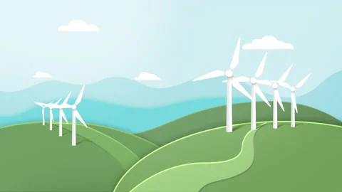 Save the planet. cycle animation of a clean green energy wind turbines Video stock 141630846